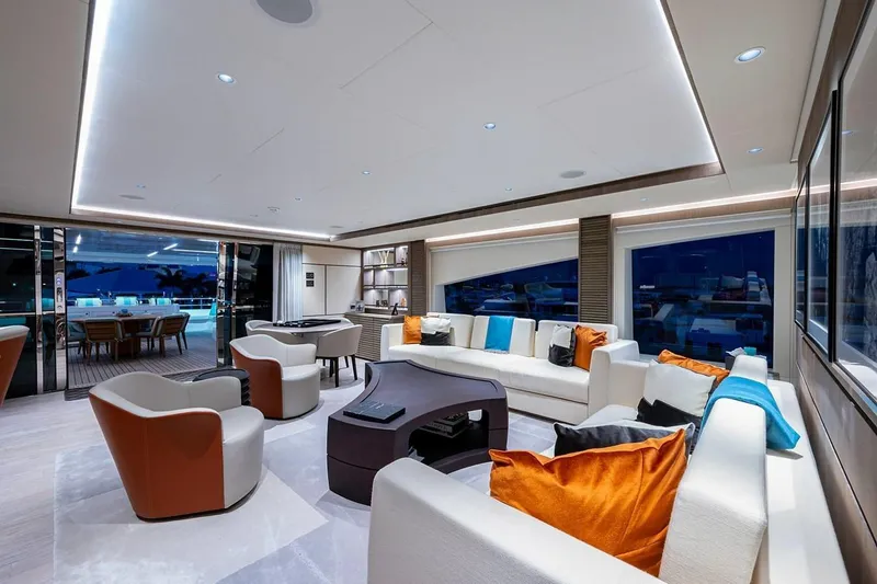 Slide: The Image of Luxurious interior of 2020 Majesty motor yacht with modern seating and elegant decor. - 26