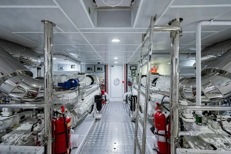 Slide: The Image of Engine room of 2020 Majesty motor yacht, featuring advanced machinery and safety equipment. - 42