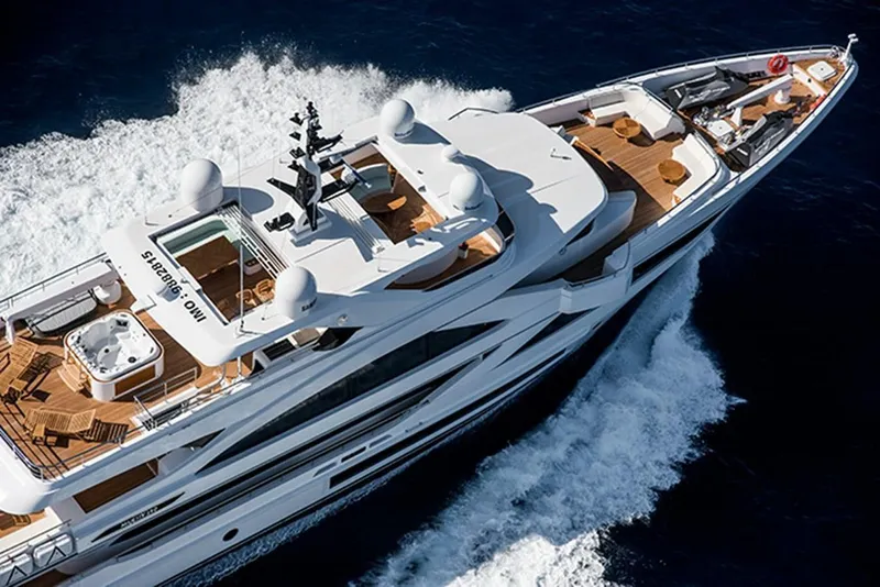 Slide: The Image of Luxurious 2020 Majesty motor yacht cruising on open water, aerial view. - 43
