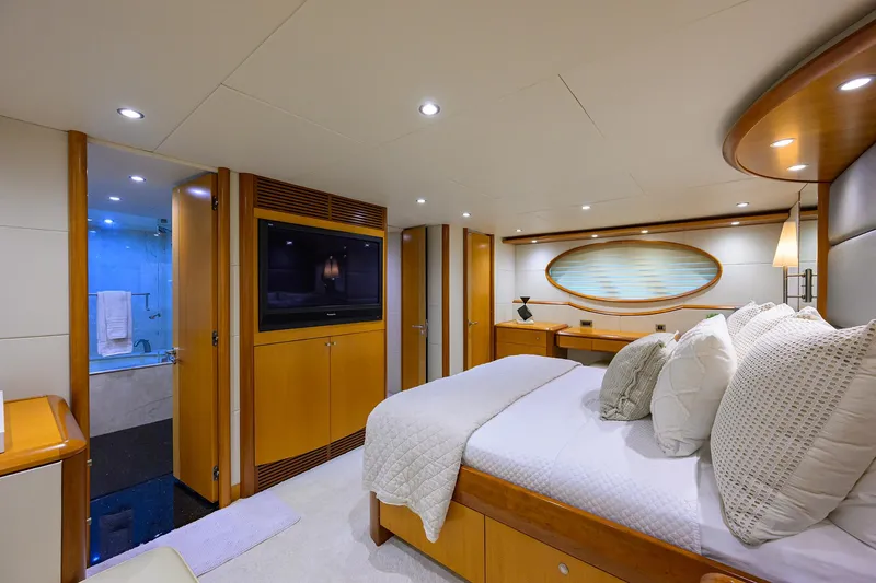 Slide: The Image of Luxurious bedroom interior of 2008 Lazzara Motor Yacht with modern design and cozy ambiance. - 18