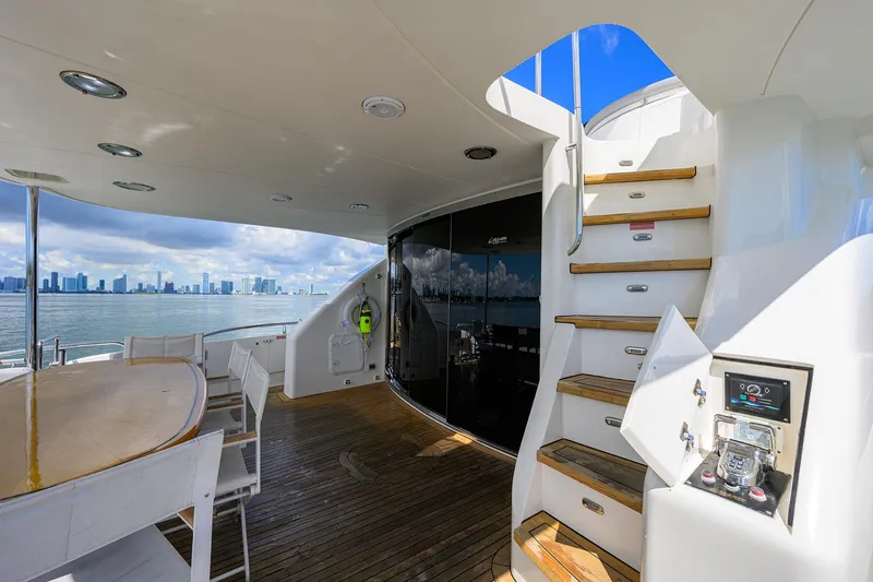 Slide: The Image of Luxurious 2008 Lazzara Motor Yacht deck with seating, wooden flooring, and city skyline view. - 3