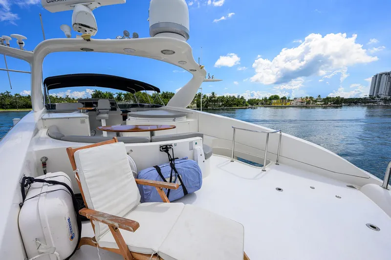 Slide: The Image of 2008 Lazzara Motor Yacht deck with seating, overlooking serene water and blue sky. - 37