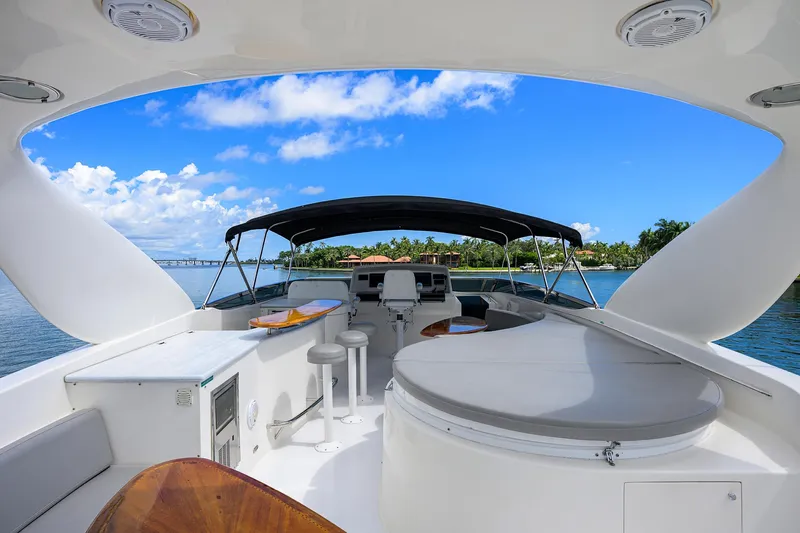 Slide: The Image of 2008 Lazzara Motor Yacht deck with seating, under clear blue sky and scenic water view. - 39