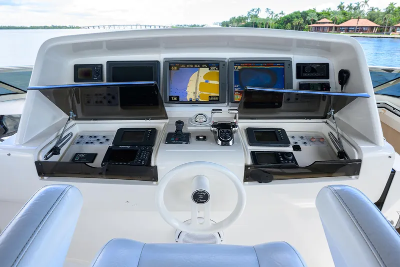 Slide: The Image of Control panel of a 2008 Lazzara Motor Yacht with navigation screens and controls. - 44