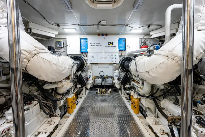 Slide: The Image of Engine room of 2008 Lazzara Motor Yacht with Caterpillar engines and control systems. - 48