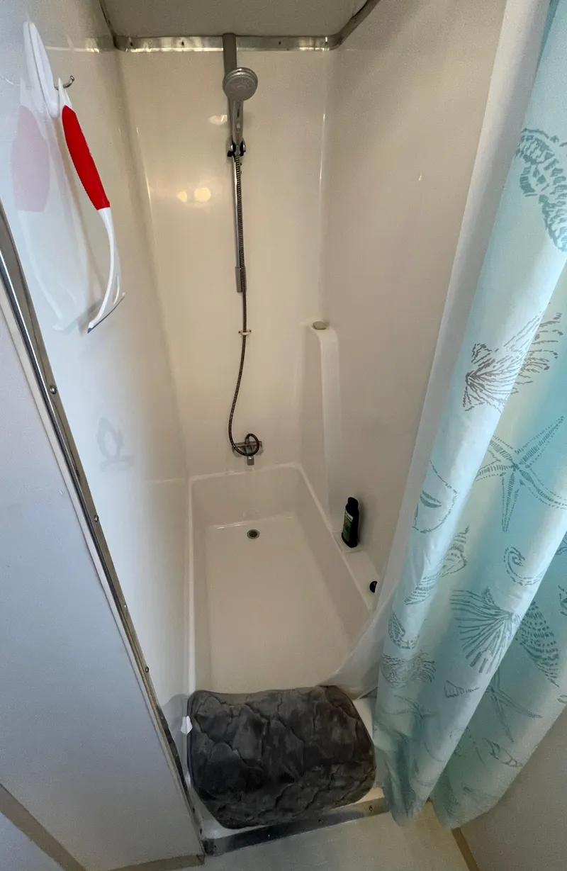 Slide: The Image of Compact shower stall with curtain, handheld showerhead, and bath mat. - 36