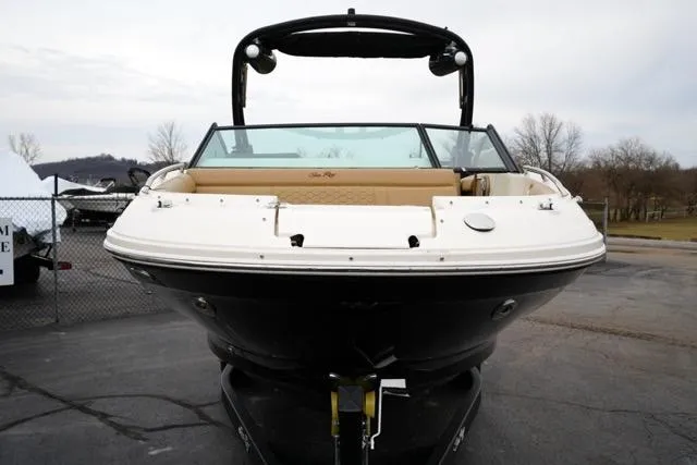Slide: The Image of 2021 Sea Ray SDX 250 boat, front view, parked on a trailer. - 3