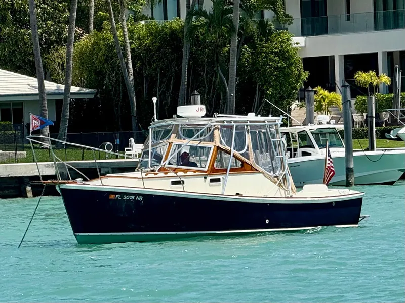 The Image of 1978 Dyer 29 Trunk Cabin boat on turquoise water near a tropical shoreline. - 0