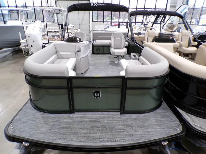Slide: The Image of 2025 Godfrey Xperience 2286 SFLX pontoon boat with spacious seating and modern design. - 10