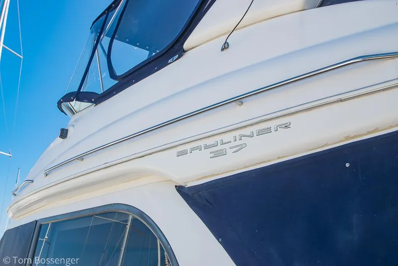 Slide: The Image of 2001 Bayliner 3788 Command Bridge Motoryacht, close-up of exterior detailing. - 2