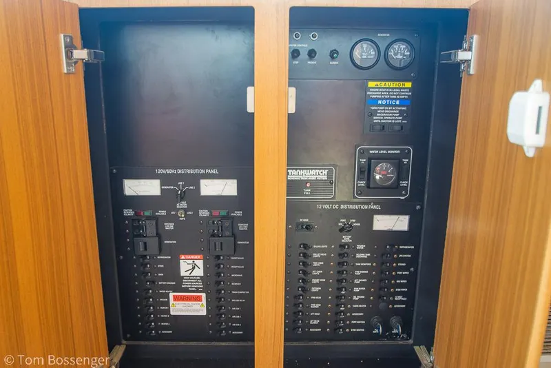 Slide: The Image of Electrical panel of 2001 Bayliner 3788 Command Bridge Motoryacht with gauges and switches. - 33