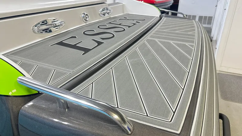 Slide: The Image of 2025 Essex Boats 28 Fusion swim platform with stylish design and branding. - 4