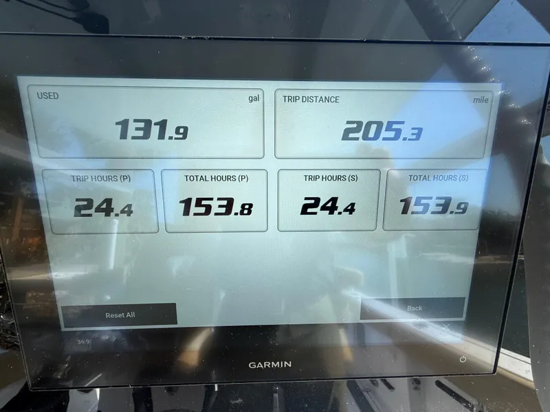 Slide: The Image of Garmin display showing fuel usage and trip data for 2023 Sportsman Open 282 Center Console. - 34