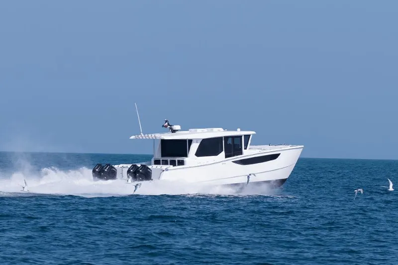 Slide: The Image of SilverCAT 46WA 2026 model cruising on open sea with seagulls nearby. - 4