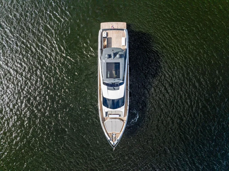 Slide: The Image of Overhead view of 2019 Ferretti Yachts 780 cruising on open water. - 14