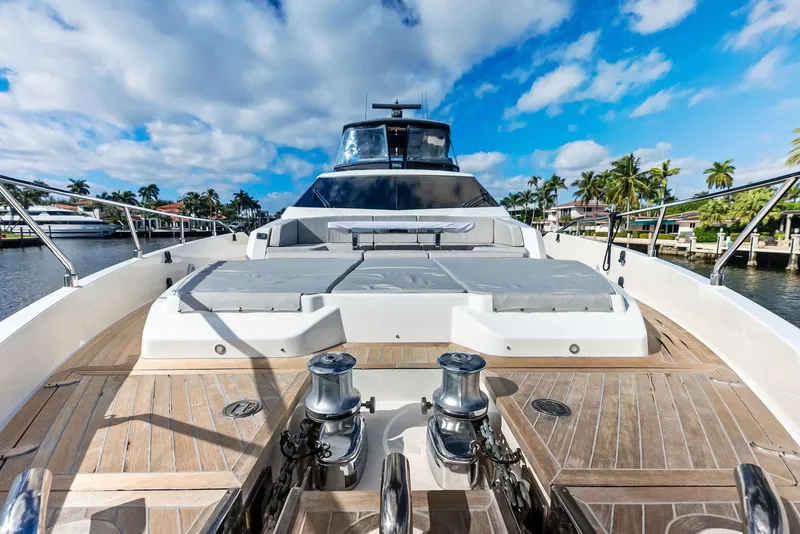 Slide: The Image of 2019 Ferretti Yachts 780, luxury yacht deck with sunbeds, clear sky, and waterfront view. - 20