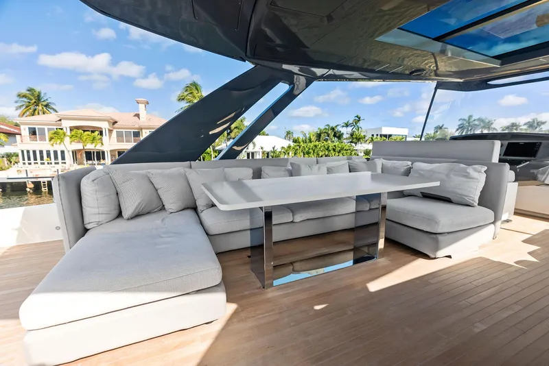 Slide: The Image of Luxurious outdoor seating on 2019 Ferretti Yachts 780, featuring modern design and waterfront view. - 34