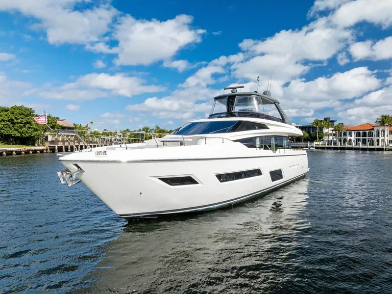 Slide: The Image of 2019 Ferretti Yachts 780 cruising on a sunny day, showcasing luxury design. - 8
