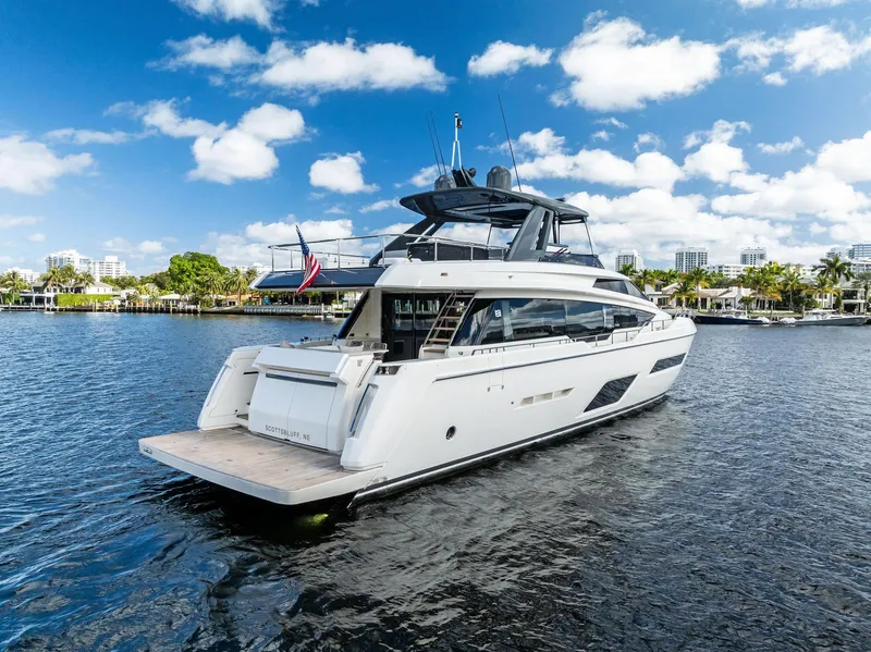 Slide: The Image of 2019 Ferretti Yachts 780 on water, showcasing sleek design and luxury features. - 9