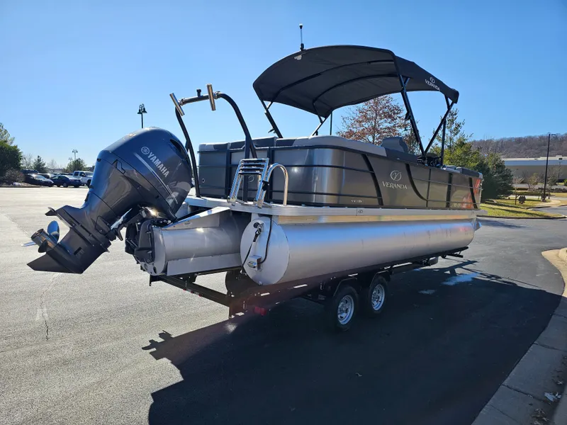 Slide: The Image of 2022 Veranda VR22RC pontoon boat with Yamaha motor on a trailer. - 1