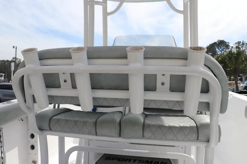Slide: The Image of 2019 Sportsman Heritage 231 Center Console boat seating with rod holders. - 14