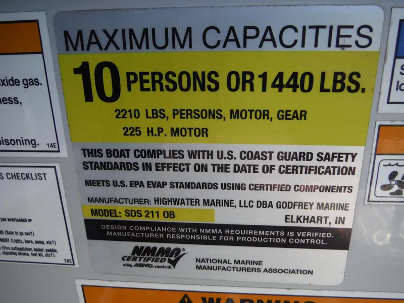 Slide: The Image of Maximum capacity label for 2019 Hurricane Center Console 21 OB boat, 10 persons or 1440 lbs. - 19