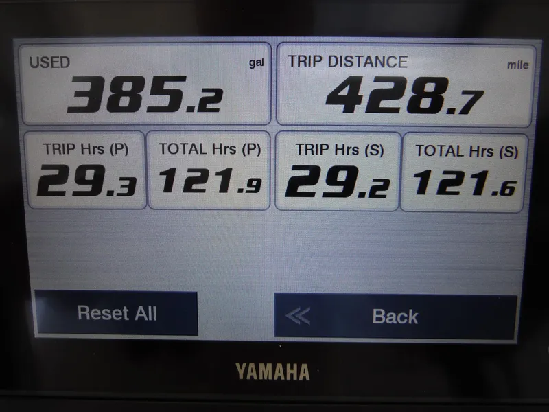 Slide: The Image of Yamaha display showing fuel usage and trip data for Jeanneau Leader 10.5 WA Series 2, 2023. - 26