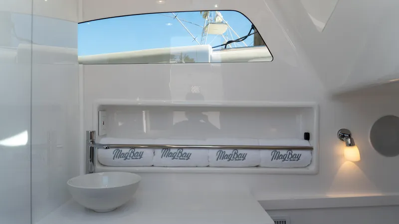Slide: The Image of Interior of 2026 Mag Bay 43 CC boat with sleek design and modern amenities. - 10