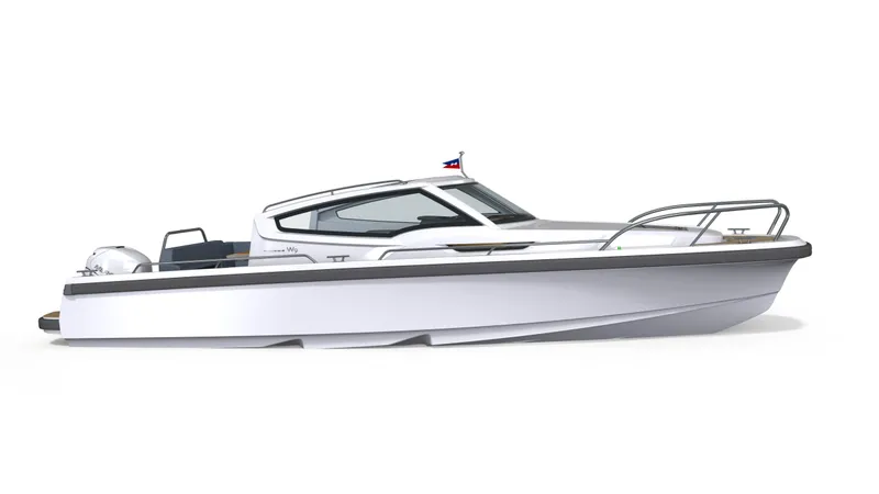 Slide: The Image of 2025 Nimbus Weekender 9 boat, sleek design, side view, white hull, modern cabin. - 8