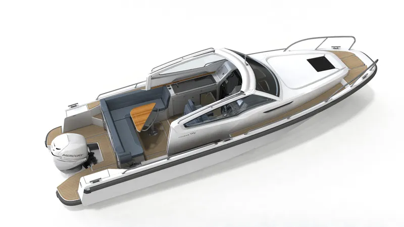 Slide: The Image of 2025 Nimbus Weekender 9 boat with sleek design and spacious deck layout. - 9