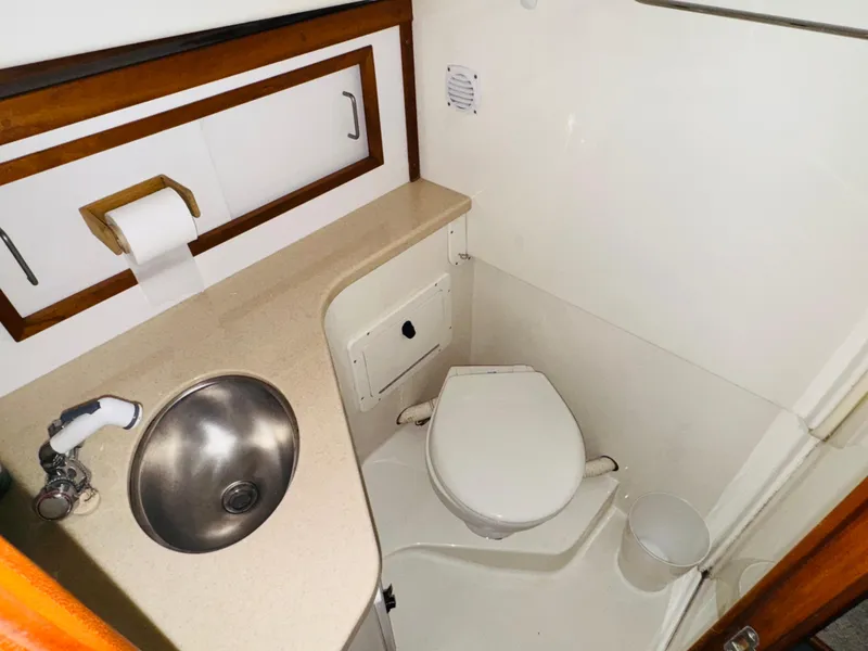 Slide: The Image of 2006 Back Cove Hardtop Express boat bathroom with sink, toilet, and storage. - 12