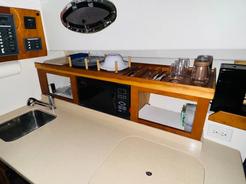 Slide: The Image of 2006 Back Cove Hardtop Express galley with sink, microwave, and storage shelves. - 9