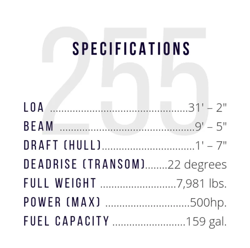 Slide: The Image of Specifications for 2025 NorthCoast 255 HT: LOA 31'2", Beam 9'5", 500hp. - 8