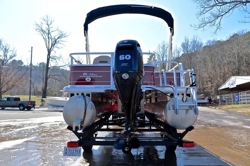 Slide: The Image of 2022 Sun Tracker BASS BUGGY 18 pontoon boat with 60 HP engine, rear view. - 13