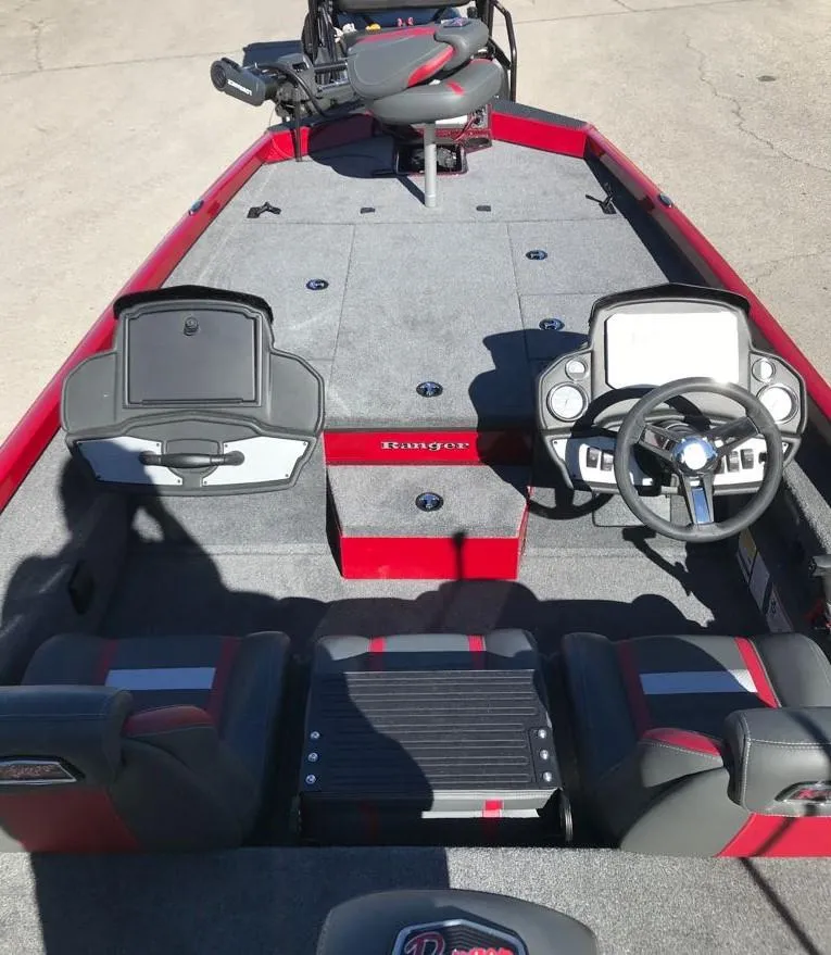 Slide: The Image of 2025 Ranger RT188P fishing boat interior with dual consoles and seating. - 7