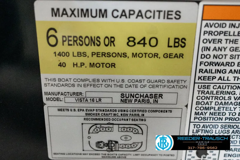 Slide: The Image of 2024 SunChaser 16 Vista capacity label: 6 persons, 840 lbs, 40 HP motor. - 48