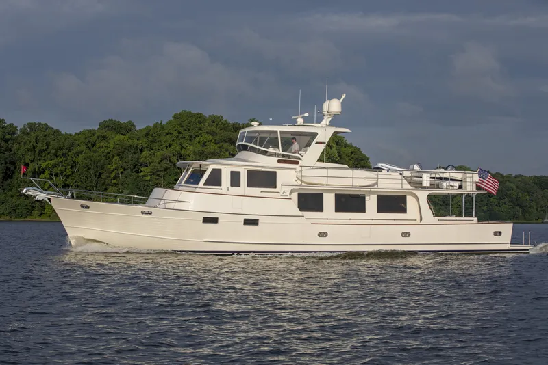 The Image of Luxury Fleming 78 yacht cruising on a serene lake, 2027 model. - 0