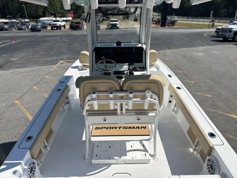 Slide: The Image of 2026 Sportsman Masters 227 Bay Boat with Yamaha engine on trailer at dealership. - 10