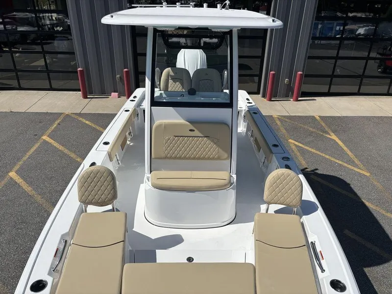 Slide: The Image of 2026 Sportsman Masters 227 Bay Boat, close-up of logo and seating area. - 23