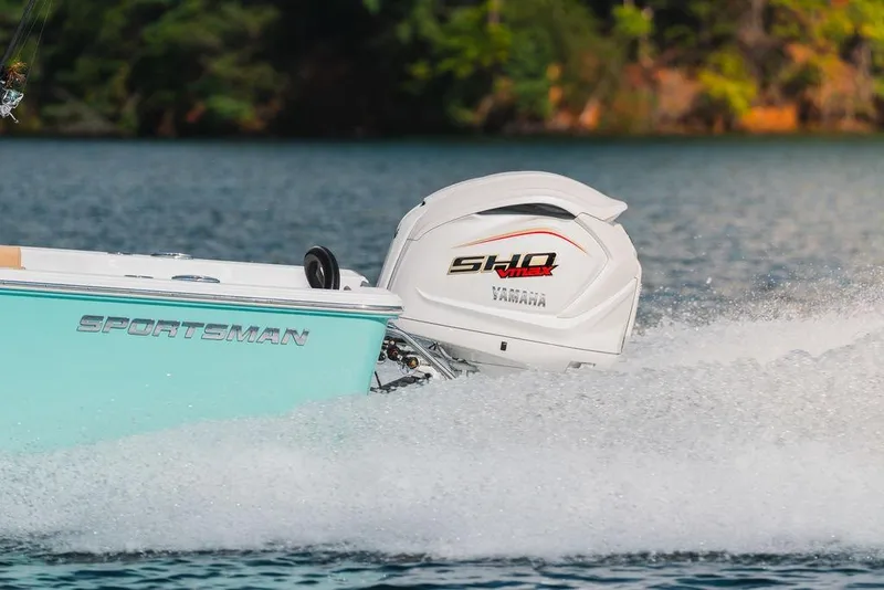 Slide: The Image of 2026 Sportsman Masters 227 Bay Boat with Yamaha engine on water. - 50