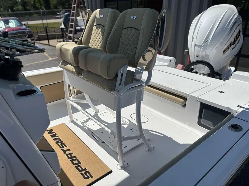 Slide: The Image of 2026 Sportsman Masters 227 Bay Boat with Yamaha engine on trailer. - 9