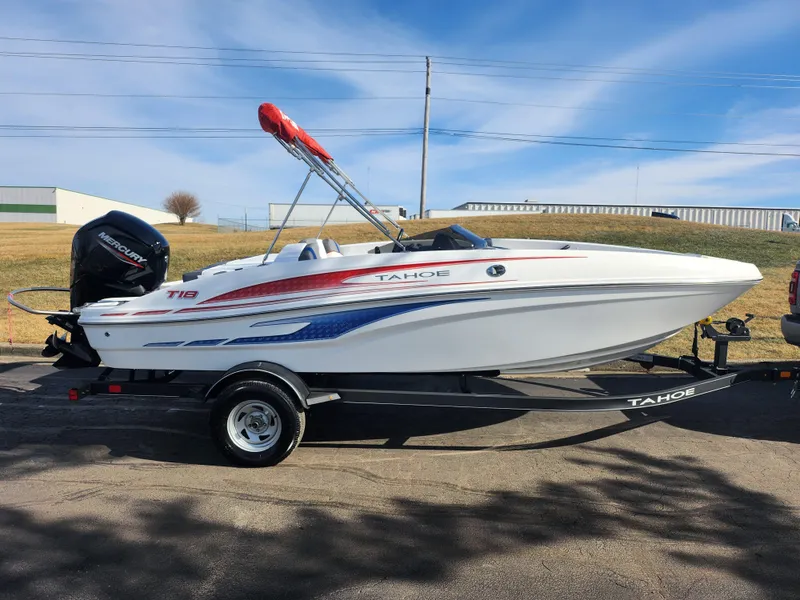 Slide: The Image of 2023 Tahoe T18 boat with trailer, featuring sleek design and vibrant graphics. - 4
