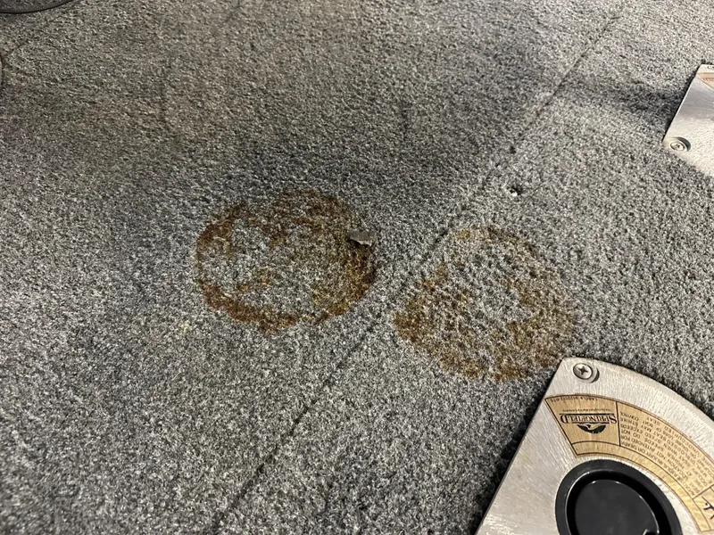 Slide: The Image of 2019 Tracker Pro Team 175 TF boat carpet with rust stains and metal hatch. - 8