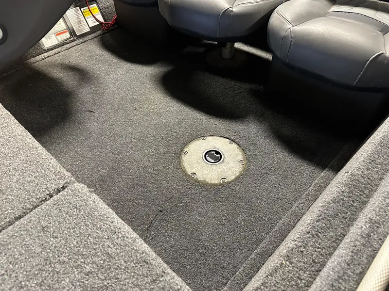 Slide: The Image of 2019 Tracker Pro Team 175 TF boat interior with carpeted flooring and seating. - 9