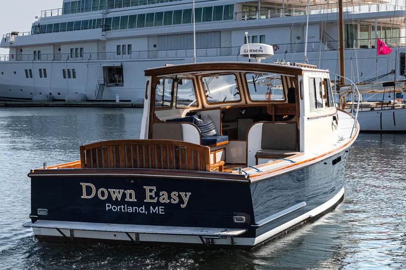 Slide: The Image of Wilbur 34 boat, 1985 model, named "Down Easy," docked in Portland, ME. - 0