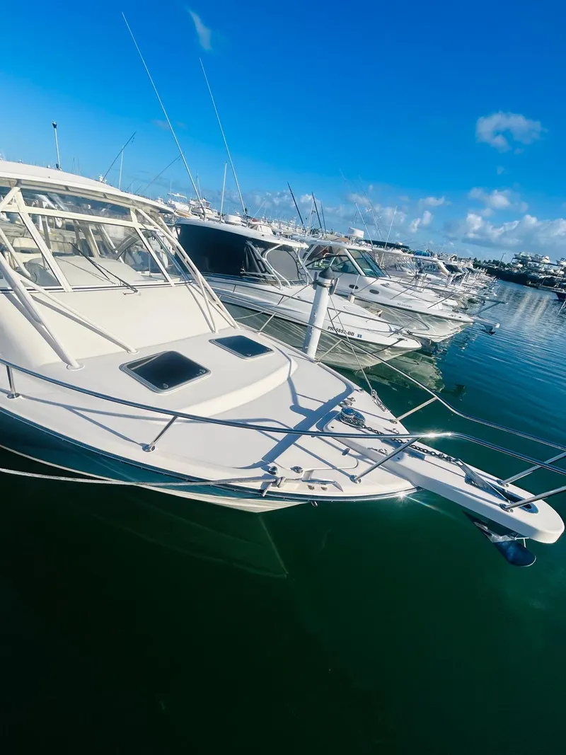 Slide: The Image of 2021 Grady-White Express 330 boat docked in a marina under clear blue skies. - 4