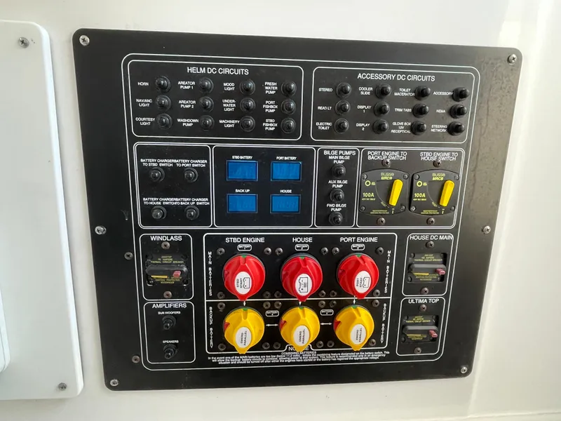 Slide: The Image of Control panel of 2020 Sea Fox 328 Commander boat with labeled switches and circuits. - 23