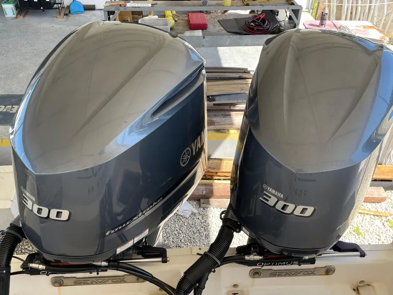 Slide: The Image of Twin Yamaha 300 outboard engines on a 2020 Sea Fox 328 Commander boat. - 31