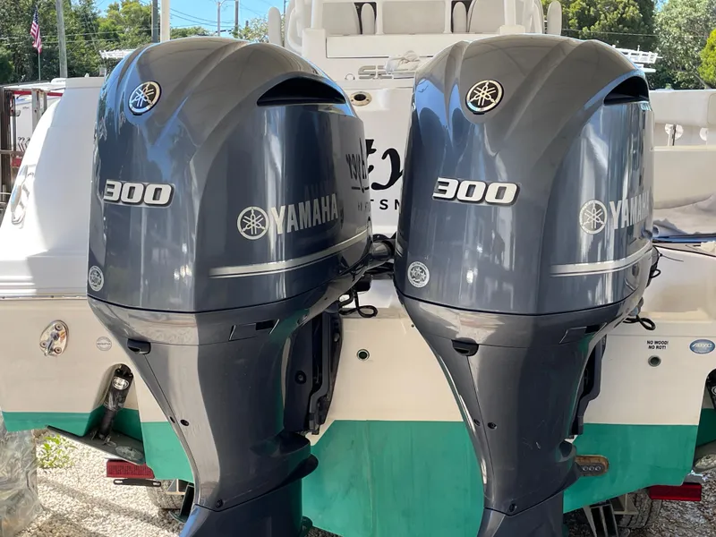 Slide: The Image of Twin Yamaha 300 engines on a 2020 Sea Fox 328 Commander boat. - 36