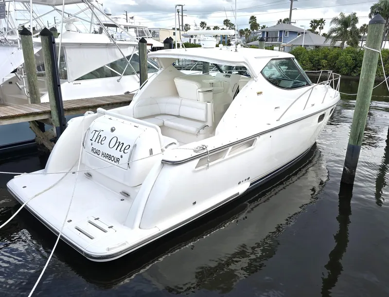 The Image of 2008 Tiara Yachts 3900 Sovran docked, featuring sleek white design and spacious seating. - 0